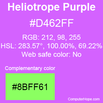 Example of Heliotrope Purple color or HTML color code #D462FF with complementary color #8BFF61.