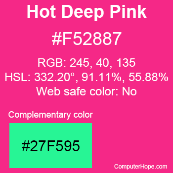 Example of Hot Deep Pink color or HTML color code #F52887 with complementary color #27F595.