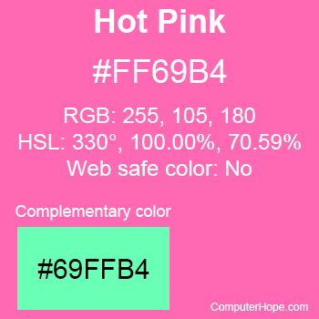 Example of HotPink color or HTML color code #FF69B4 with complementary color #69FFB4.