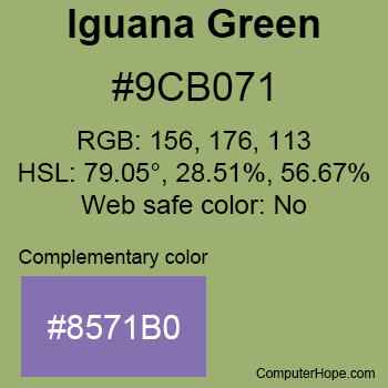 Example of Iguana Green color or HTML color code #9CB071 with complementary color #8571B0.