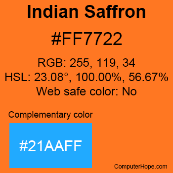 Example of Indian Saffron color or HTML color code #FF7722 with complementary color #21AAFF.