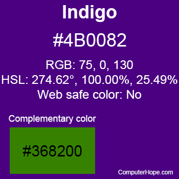 Example of Indigo color or HTML color code #4B0082 with complementary color #368200.