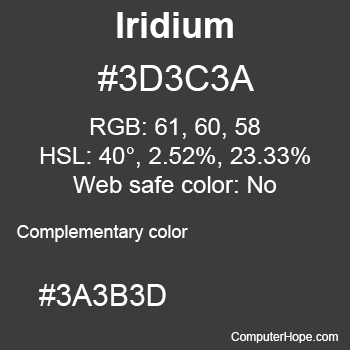 Example of Iridium color or HTML color code #3D3C3A.