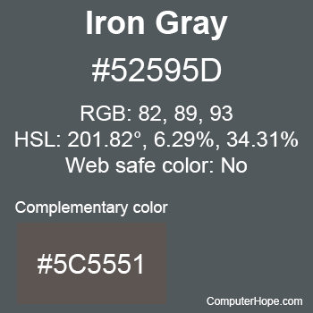 Example of Iron Gray color or HTML color code #52595D with complementary color #5C5551.