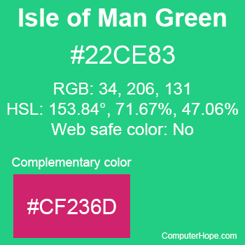 Example of Isle Of Man Green color or HTML color code #22CE83 with complementary color #CF236D.
