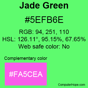 Example of Jade Green color or HTML color code #5EFB6E with complementary color #FA5CEA.