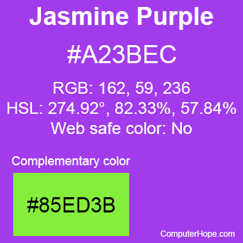 Example of Jasmine Purple color or HTML color code #A23BEC with complementary color #85ED3B.