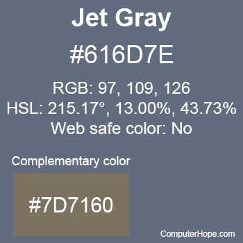 Example of Jet Gray color or HTML color code #616D7E with complementary color #7D7160.