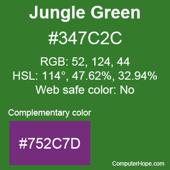 Example of Jungle Green color or HTML color code #347C2C with complementary color #752C7D.
