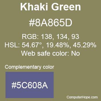 Example of Khaki Green color or HTML color code #8A865D with complementary color #5C608A.