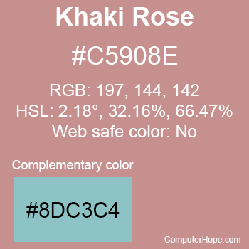 Example of Khaki Rose color or HTML color code #C5908E with complementary color #8DC3C4.