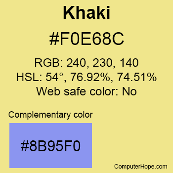 Example of Khaki color or HTML color code #F0E68C with complementary color #8B95F0.