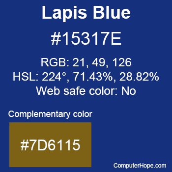 Example of Lapis Blue color or HTML color code #15317E with complementary color #7D6115.