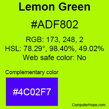 Example of Lemon Green color or HTML color code #ADF802 with complementary color #4C02F7.