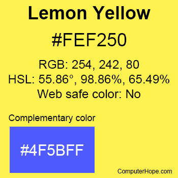 Example of Lemon Yellow color or HTML color code #FEF250 with complementary color #4F5BFF.