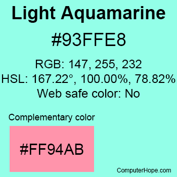 Example of Light Aquamarine color or HTML color code #93FFE8 with complementary color #FF94AB.