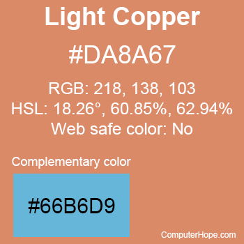 Example of Light Copper color or HTML color code #DA8A67 with complementary color #66B6D9.
