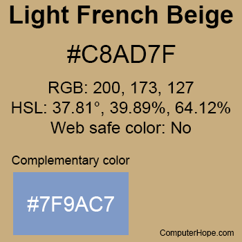 Example of Light French Beige color or HTML color code #C8AD7F with complementary color #7F9AC7.