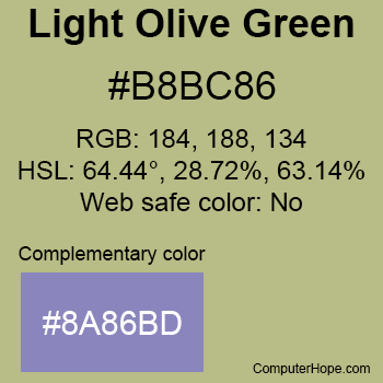 Example of Light Olive Green color or HTML color code #B8BC86 with complementary color #8A86BD.