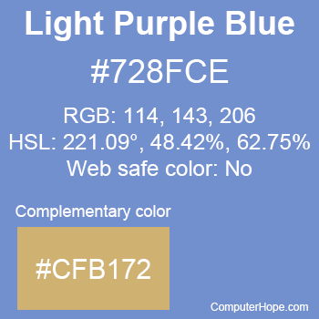 Example of Light Purple Blue color or HTML color code #728FCE with complementary color #CFB172.