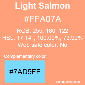 Example of LightSalmon color or HTML color code #FFA07A with complementary color #7AD9FF.