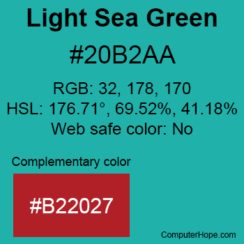 Example of LightSeaGreen color or HTML color code #20B2AA with complementary color #B22027.