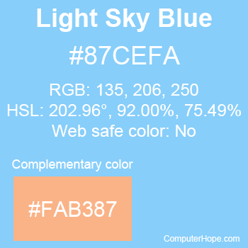 Example of LightSkyBlue color or HTML color code #87CEFA with complementary color #FAB387.