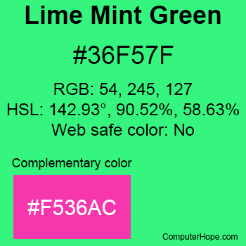 Example of Lime Mint Green color or HTML color code #36F57F with complementary color #F536AC.