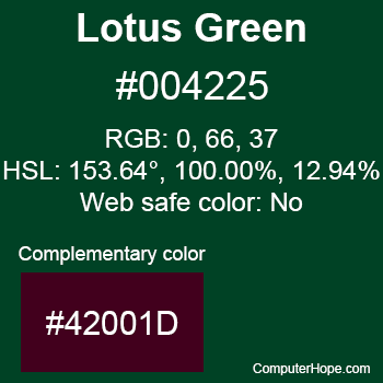 Example of Lotus Green color or HTML color code #004225 with complementary color #42001D.