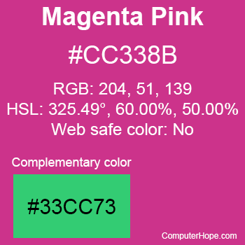 Example of Magenta Pink color or HTML color code #CC338B with complementary color #33CC73.