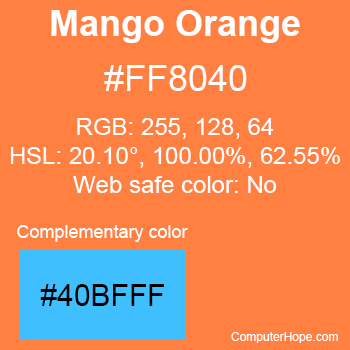 Example of Mango Orange color or HTML color code #FF8040 with complementary color #40BFFF.
