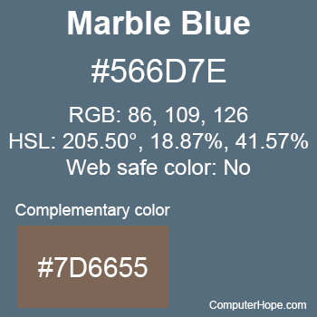 Example of Marble Blue color or HTML color code #566D7E with complementary color #7D6655.