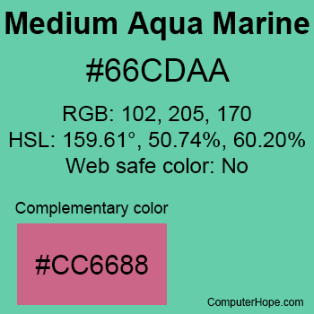Example of MediumAquaMarine color or HTML color code #66CDAA with complementary color #CC6688.