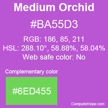 Example of MediumOrchid color or HTML color code #BA55D3 with complementary color #6ED455.