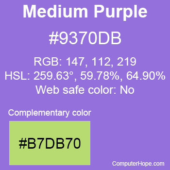 Example of MediumPurple color or HTML color code #9370DB with complementary color #B7DB70.