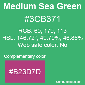 Example of MediumSeaGreen color or HTML color code #3CB371 with complementary color #B23D7D.