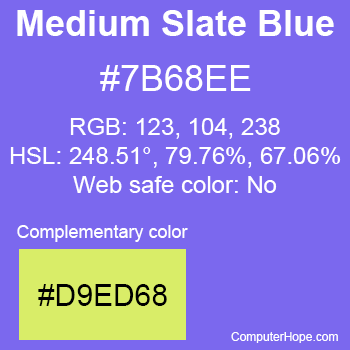 Example of MediumSlateBlue color or HTML color code #7B68EE with complementary color #D9ED68.