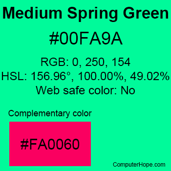 Example of MediumSpringGreen color or HTML color code #00FA9A.