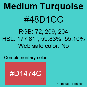 Example of MediumTurquoise color or HTML color code #48D1CC with complementary color #D1474C.
