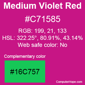 Example of MediumVioletRed color or HTML color code #C71585 with complementary color #16C757.