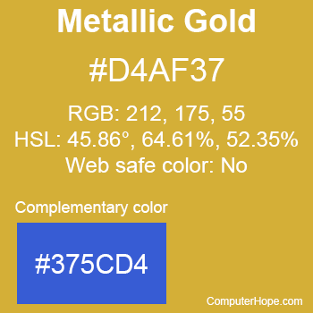 Example of Metallic Gold color or HTML color code #D4AF37 with complementary color #375CD4.