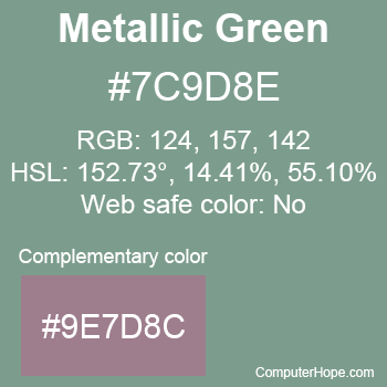 Example of Metallic Green color or HTML color code #7C9D8E with complementary color #9E7D8C.