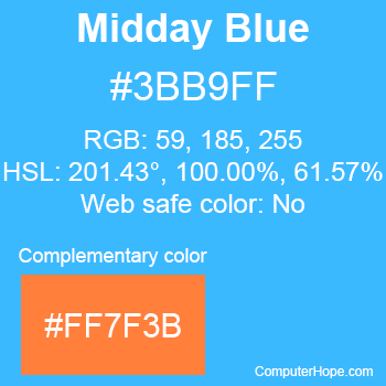 Example of Midday Blue color or HTML color code #3BB9FF with complementary color #FF7F3B.