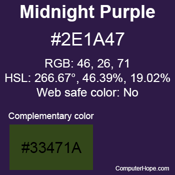 Example of Midnight Purple color or HTML color code #2E1A47 with complementary color #33471A.