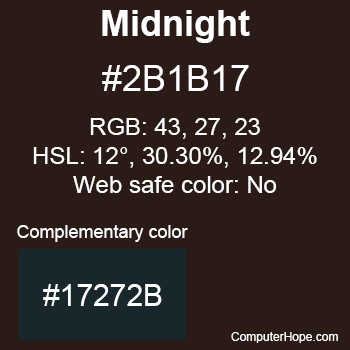 Example of Midnight color or HTML color code #2B1B17 with complementary color #17272B.