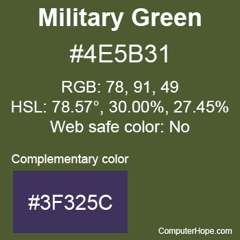 Example of Military Green color or HTML color code #4E5B31 with complementary color #3F325C.