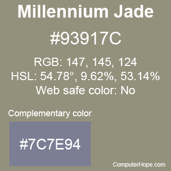 Example of Millennium Jade color or HTML color code #93917C with complementary color #7C7E94.