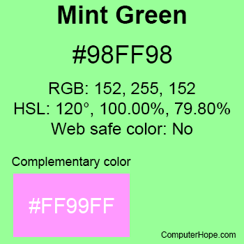 Example of Mint Green color or HTML color code #98FF98 with complementary color #FF99FF.