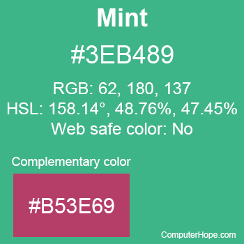 Example of Mint color or HTML color code #3EB489 with complementary color #B53E69.