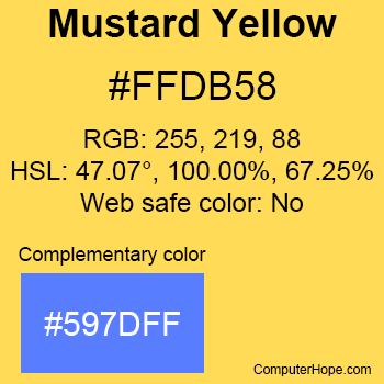Example of Mustard Yellow color or HTML color code #FFDB58 with complementary color #597DFF.